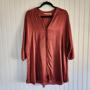 SOFT SURROUNDINGS Satin Rust Classic V-neck Button Front 3/4 Sleeve Blouse XL